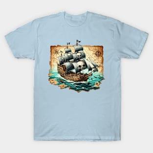 Pirate Ship, Sailing On A Treasure Map T-Shirt